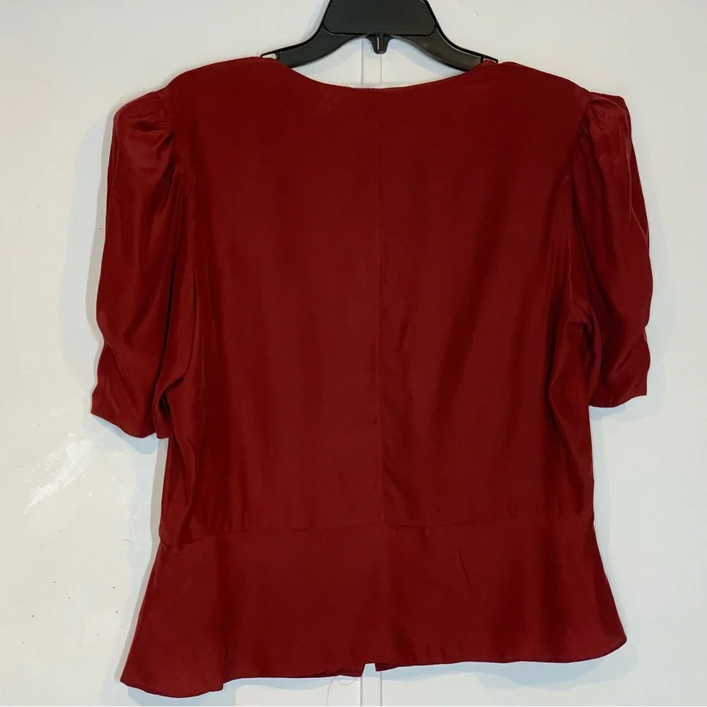 Frame Denim Red V-Neck Puff Sleeve Button Front Blouse - Picture 8 of 14